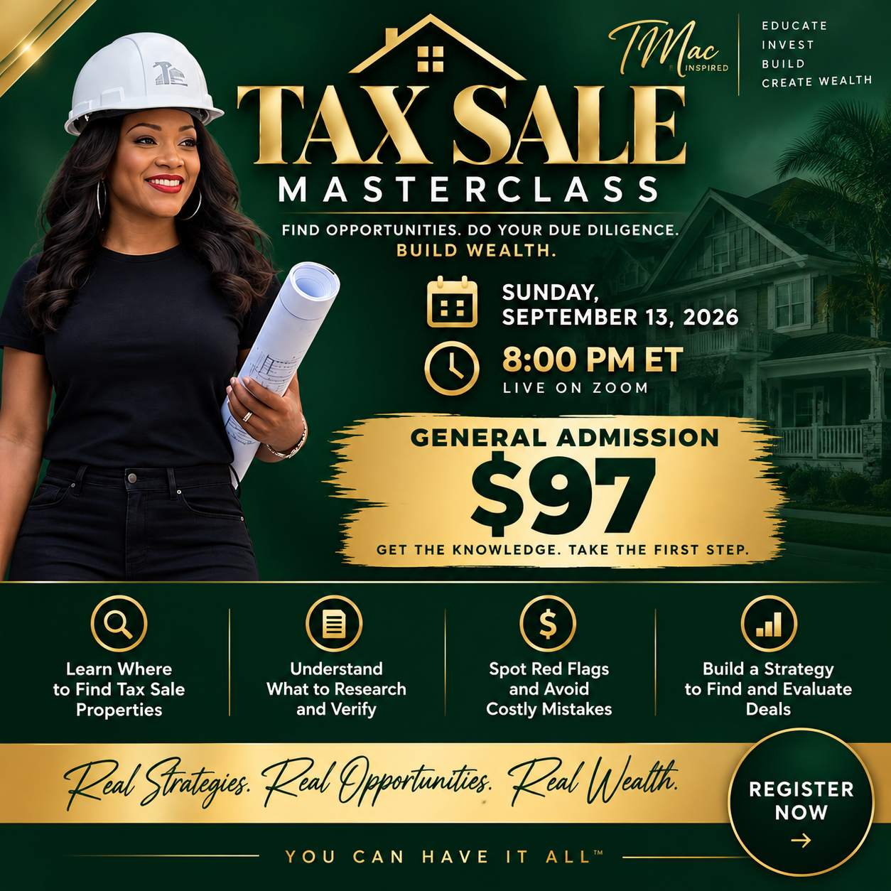 Live Tax Sale Masterclass with Dr. Tasha TMac McCray. Sunday, September 13, 2026 at 8:00 PM ET, live on Zoom.